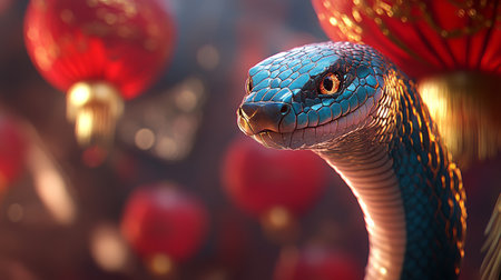 Striking Blue Snake Amidst Red Lanterns Celebrating Lunar New Year Festive Atmosphere and Traditionsの素材