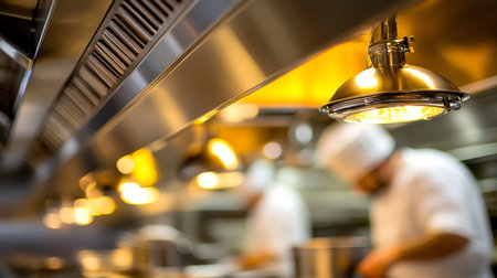 Professional Kitchen Interior with Stainless Steel Hood, Warm Lighting, and Busy Chefs in Backgroundの素材