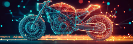 Neon Light Trail Of Fast Moving High Tech Motorbike In The Cyber Space. 3D Illustration.の素材