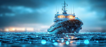 Cargo Ship with Advanced Navigation Technology on a Blue Ocean, Maritime Innovation at Sunset.の素材