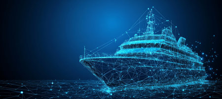 Abstract Polygonal Ship on a Dark Blue Background, Digital Cruise Liner Concept, Maritime Technologyの素材
