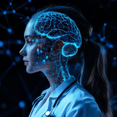 Female Doctor Analyzing Holographic AI Data in Healthcare and Medicine, Futuristic Technologyの素材