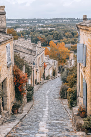 Narrow Cobblestone Street with Traditional Stone Houses, Picturesque French Village in Autumnの素材