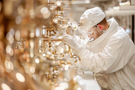 Factory Worker in Protective Suit Examines Production Line Equipment, Modern Industrial Plantの素材