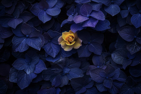 Single Yellow Rose Amongst Purple Hydrangea Blooms, Contrasting Colors, Natural Texturesの素材