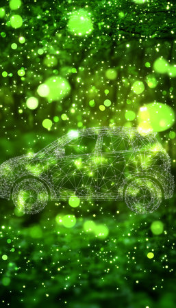 Electric Vehicle Icon on Green Abstract Background, Sustainable Transport, Connected Dotsの素材