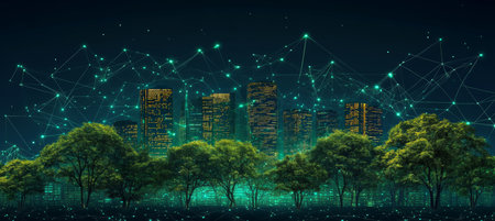 Cityscape at Night with Digital Network Connection and Green Trees, Smart City Innovation Conceptの素材