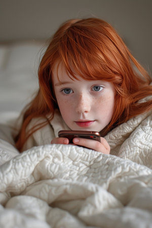 Curious Girl With Red Hair Using Smartphone in Bed, Close-Up Portrait of Child and Technologyの素材