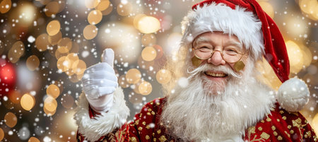 Happy Santa Claus With White Beard and Glasses Show Thumb Up Gesture on Festive Lights Backgroundの素材