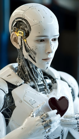 Futuristic Android Holding a Mechanical Heart, Exploring the Complexities of AI and Emotionsの素材