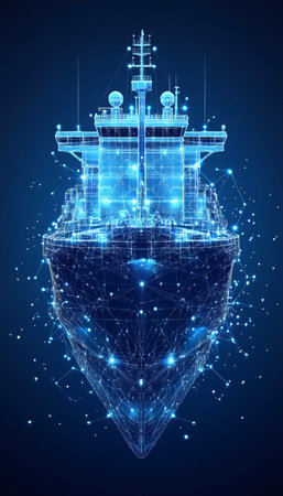 Abstract Blue Polygon Wireframe of a Cargo Ship, Logistics and Maritime Trade Concept.の素材