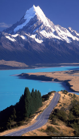 Aoraki, Mount Cook National Park, New Zealand Scenic View of Turquoise Lake and Mountain Peakの素材