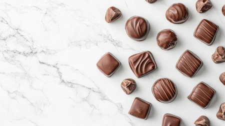 Assortment of Delicious Gourmet Chocolate Candies on a White Marble Background. Top View, Flat Layの素材