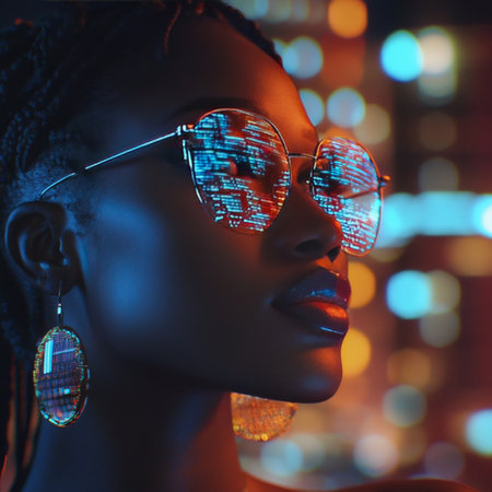 Young Woman With Afro Braids Wearing Glasses With Digital Overlay Reflecting City Lights At Nightの素材