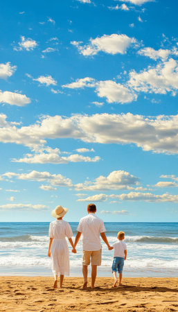 Family Of Three Holding Hands Enjoying Beach Vacation, Walking On Golden Sand Toward Ocean Wavesの素材