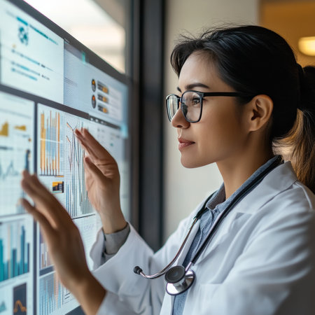 Female Doctor Analyzes Medical Data on Interactive Screen. Modern Healthcare and Technology.の素材