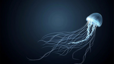 Glowing Jellyfish with Long Tentacles on a Dark Blue Background. Marine Life, Underwater World.の素材