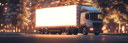 White Delivery Truck on a Night Road, Surrounded by Illuminated Pine Trees A Festive Delivery Sceneの素材