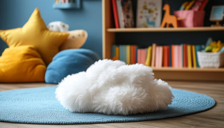 Cozy Childrens Playroom Interior with Plush Toys, Comfortable Rug, and Bookshelves in Backgroundの素材