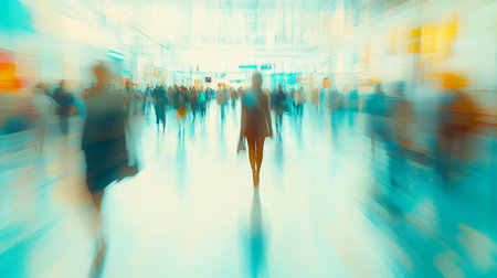 Woman Walking Through Busy City Street With Motion Blur Effect, Urban Life, City Centerの素材