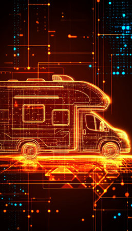 Digital RV, Recreational Vehicle On A Technological Background, Leisure Transport Icon.の素材