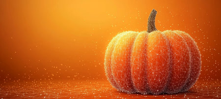 Orange 3D Pumpkin Made From Polygonal Lines on an Orange Background, Perfect for Halloween Themes.の素材