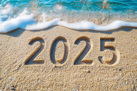 2025 Written In Sand On Tropical Beach With Ocean Wave, New Year Celebration Concept.の素材