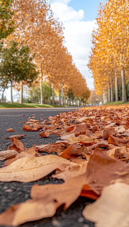 Golden Fall Foliage Scenic Road Through Autumn Colors With Canopy Of Trees Lining The Roadsideの素材