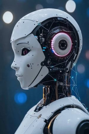 Close-up, Portrait of a Futuristic Female Android with Glowing Eyes and Intricate Cybernetics.の素材