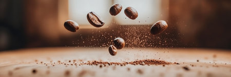 Roasted coffee Beans in The Air, Freeze Motion of Coffee Splash On The Wood Background.の素材