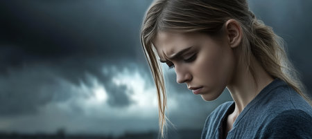 Young Woman Experiencing Sadness and Loneliness Against a Dramatic Stormy Sky, Portraitの素材