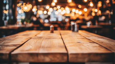 Empty Wooden Table, Restaurant Interior Background with Blurry Cafe, Bar and Bokeh Lightsの素材