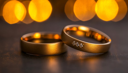 Two Golden Wedding Rings With Diamonds, On A Magical Background Of Golden Bokeh Lightsの素材
