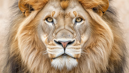 Majestic Lion Portrait Close-up of Golden Mane Texture, Wildlife Photography Backgroundの素材