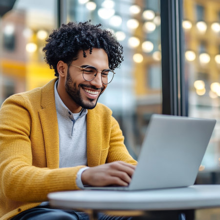 Smiling Young Man Working Remotely on Laptop in Cafe. Freelancer, Remote Work Concept.の素材