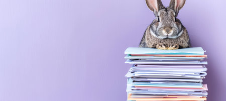 Overwhelmed Bunny Adorable Rabbit Facing a Mountain of Paperwork on Purple Backgroundの素材