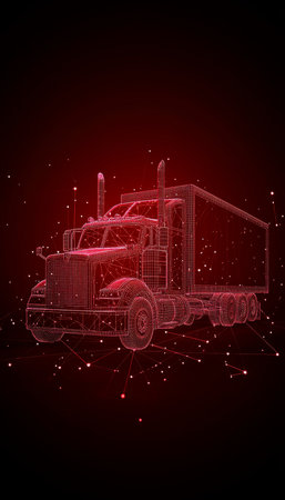 Abstract Digital Truck Freight Transportation Icon. Dots, Lines, Triangles on Red Backgroundの素材