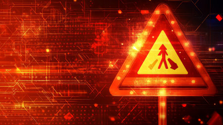 Digital Pedestrian Crossing Road Sign On Orange Technology Background. Abstract Travelの素材