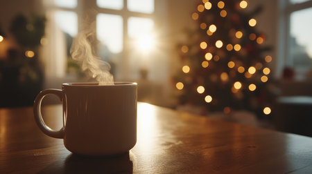 Cozy Winter Morning Steaming Coffee Mug on Table with Christmas Tree Lights in Backgroundの素材
