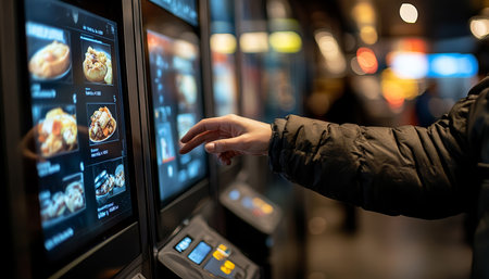 Customer Using Modern Touchscreen Kiosk for Self-Service Ordering at Fast Food Restaurant.の素材