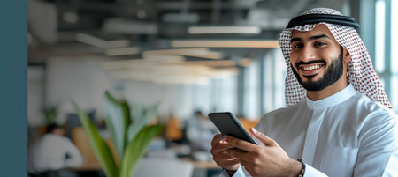 Smiling Arabian Businessman in Traditional Keffiyeh Using Smartphone in Modern Officeの素材