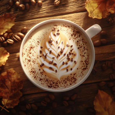 Autumn Latte Art. Cup of Coffee with Leaf Pattern and Coffee Beans on Wooden Table, Top Viewの素材