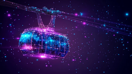 Abstract Glowing Geometric Cable Car Ascending in the Cosmic Atmosphere of Stars Illustrationの素材