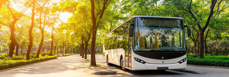 Modern White Electric Bus Driving on the Road Surrounded by Green Trees in Park on a Sunny Dayの素材