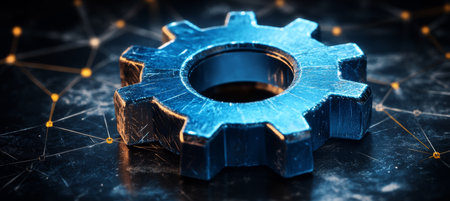 Blue Digital Gear on Technology Background with Lines, Dots, and Triangles. Engineering Symbolの素材