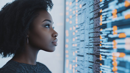 Female Developer Analyzes Code on Large Digital Display, Exploring Software Engineeringの素材