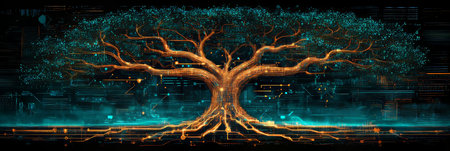 Glowing Digital Tree Intricate Roots and Branches Intertwined with Technology on a Dark Backgroundの素材
