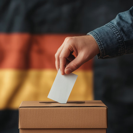 Hand Putting Ballot Paper Into Box Against German Flag, Concept of Voting and Electionsの素材