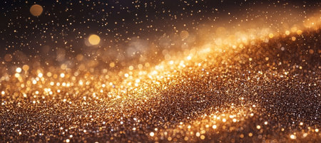 Golden Bokeh Lights and Glitter Festive Abstract Background for Christmas, New Year, or Celebrationの素材