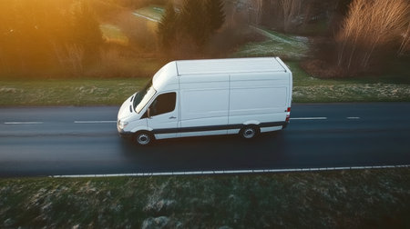 White Delivery Van Driving on Country Road at Sunset, Transportation, Logistics, and Delivery Theme.の素材